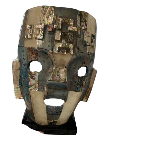 Vintage Mayan‎ Turquoise & Abalone Mosaic Death Mask On Black Stone Base - Picture 4 of 15
